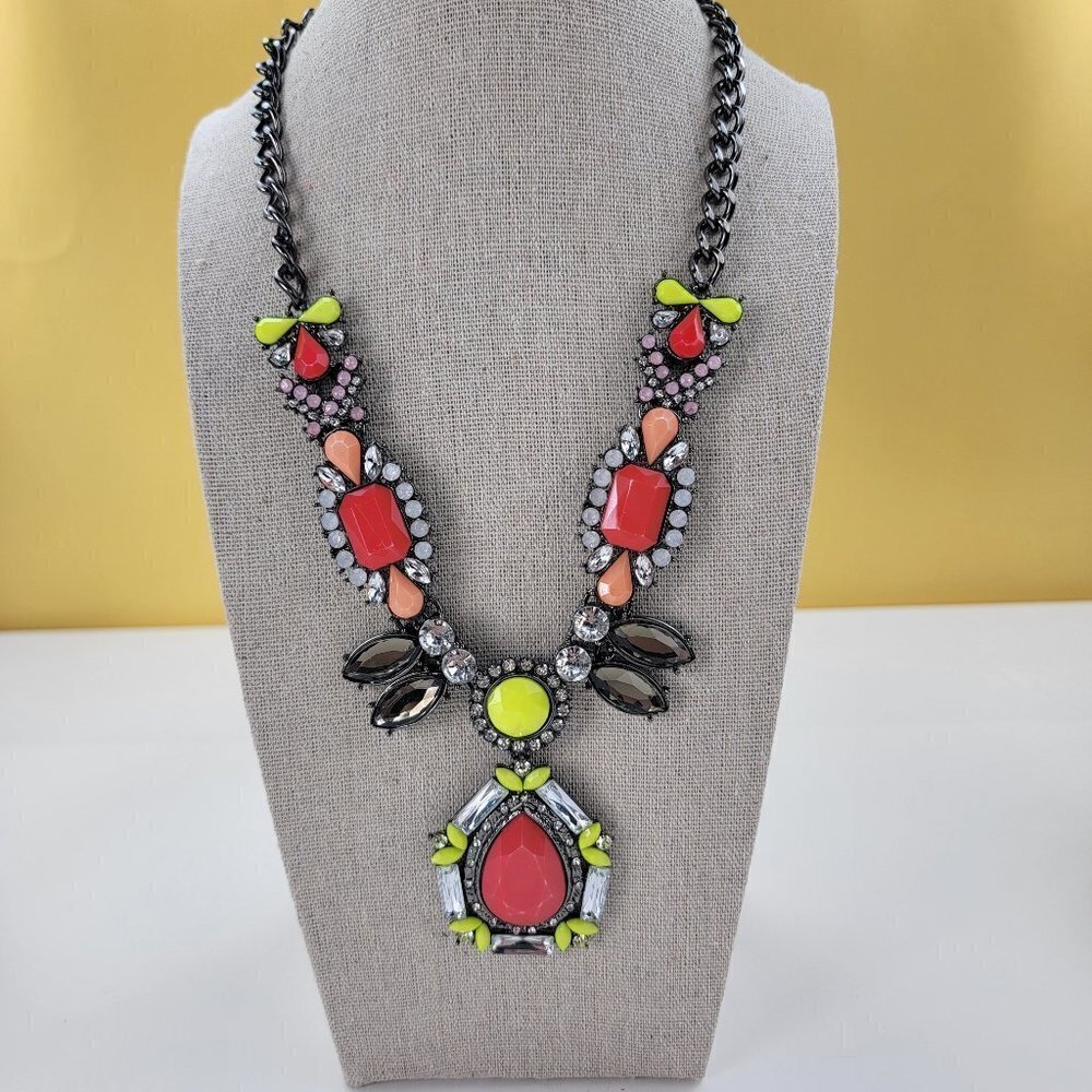 Multicolor Cabochon And Crystal Beaded Statement Bib Necklace 22"  Gunmetal Tone